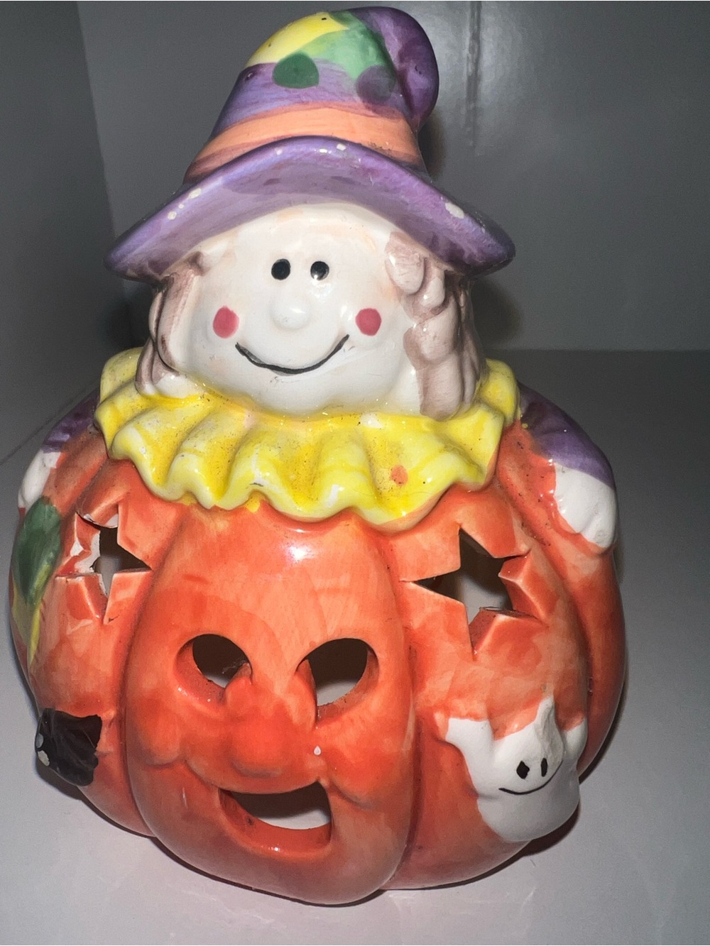 Source Unknown Orange Pumpkin Witch Lantern with Purple Hat and Yellow Collar
